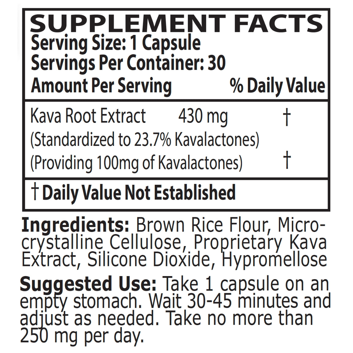 Supplement Facts Label for 100 milligrams Primo Kava Capsules