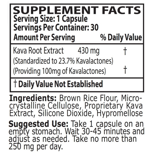 Supplement Facts Label for 100 milligrams Primo Kava Capsules