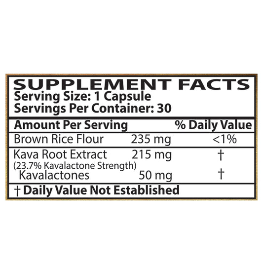 Front side of 50 milligram Primo Kava Capsules Supplement Facts