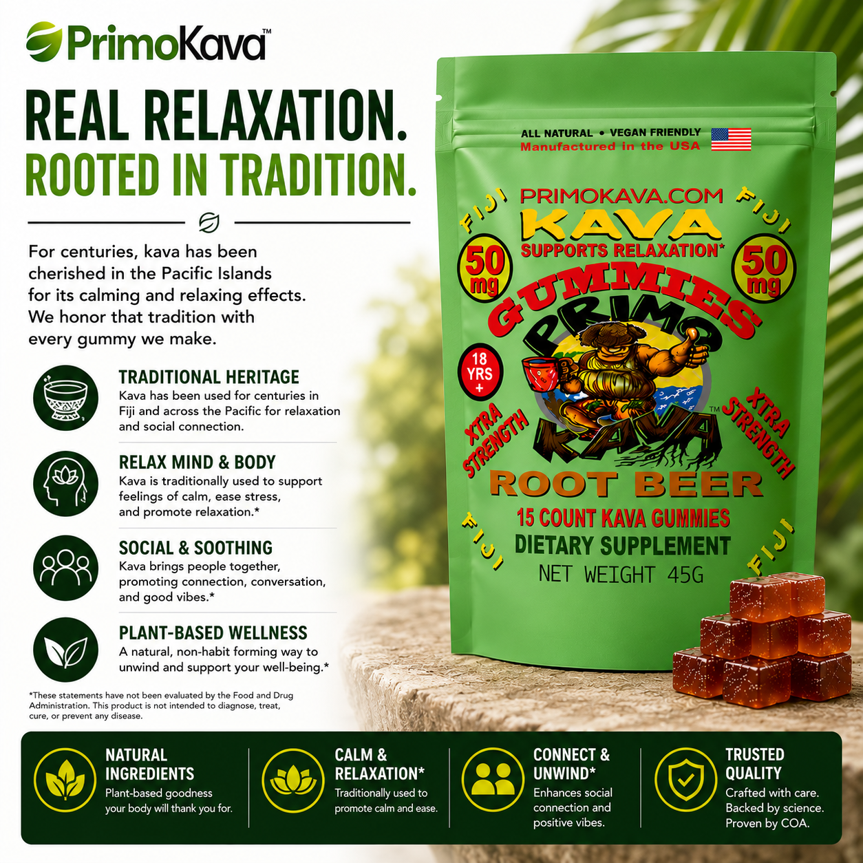 Kava Gummies | 50 mg Standardized Kavalactones per Gummy | Root Beer Flavor | Verified by COA