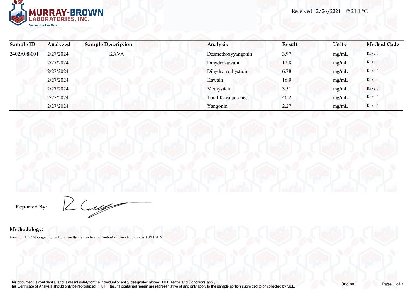 Primo Kava Certificate of Analysis