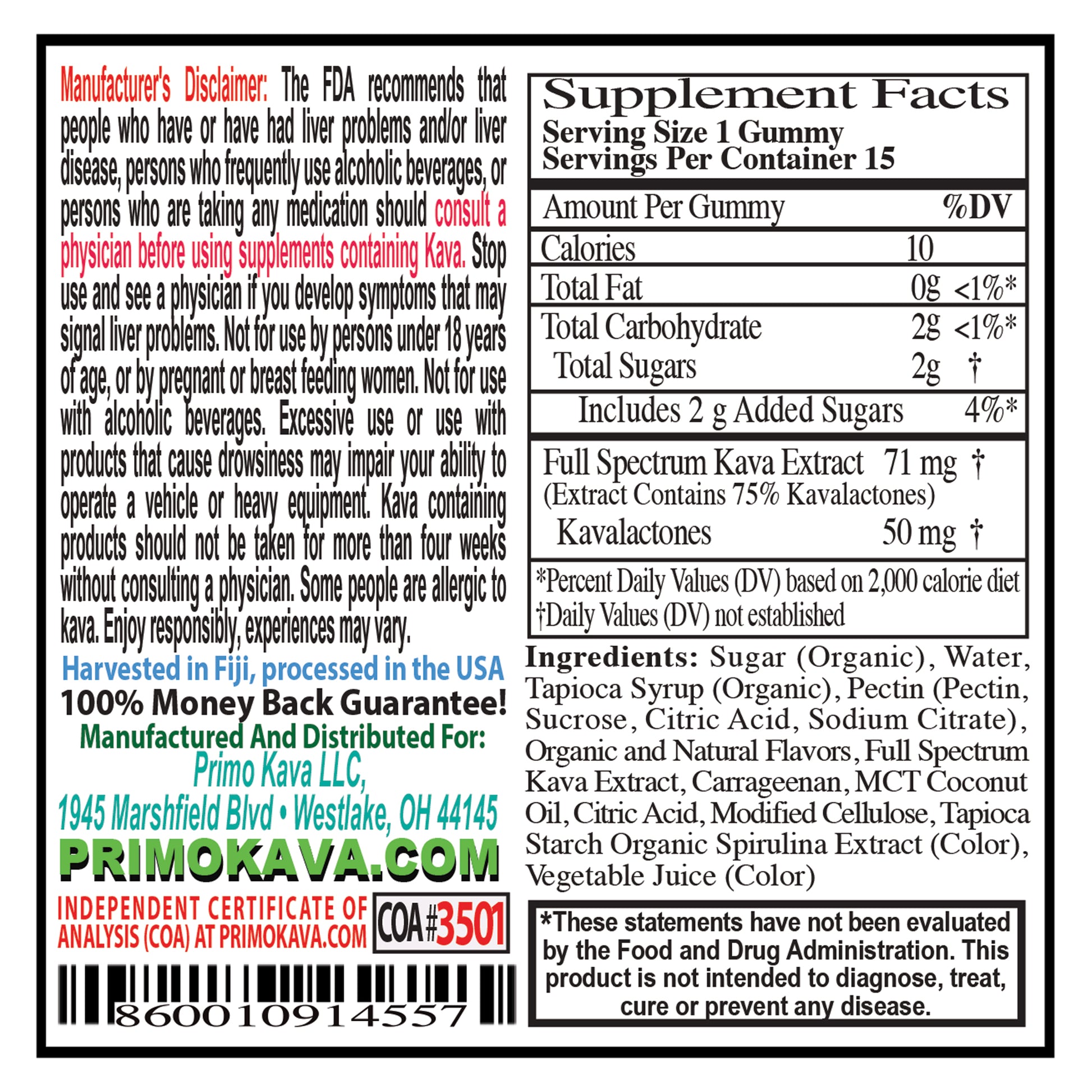 Supplement Facts For 25mg Gummies