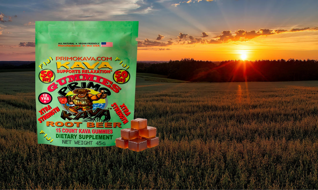 Kava gummies by Primo Kava in a field in front of a beautiful sunset