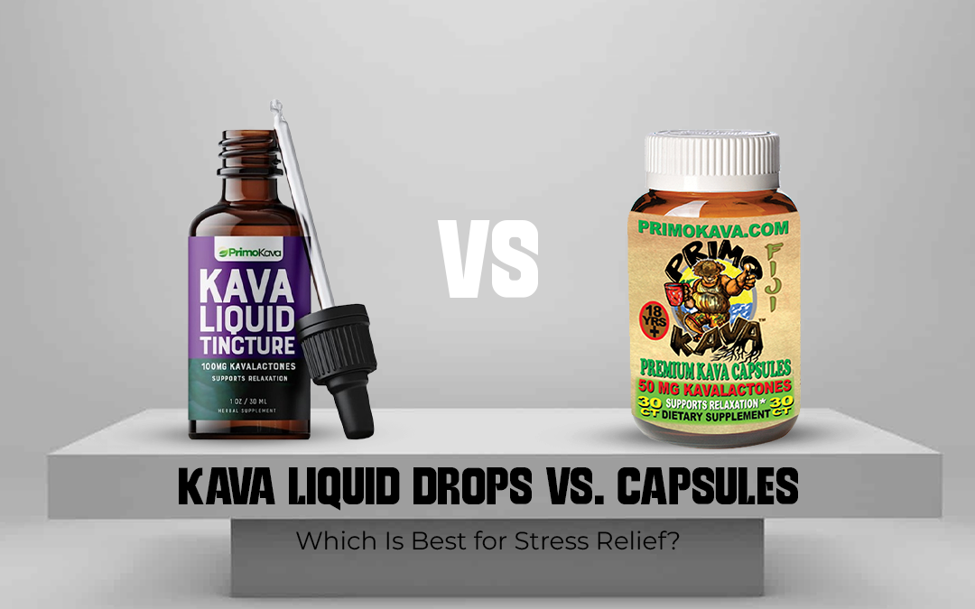 Primo Kava tincture bottle and Primo Kava capsules displayed on a blank table with a white background in a comparison layout