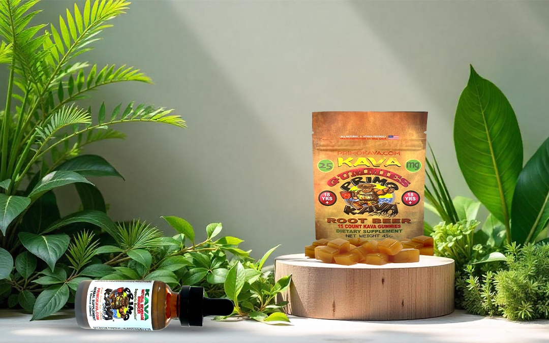 Primo Kava beverage enhancer bottle and kava gummies displayed together among green natural plants