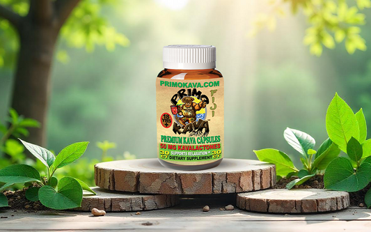 Bottle of Primo Kava 50mg kavalactone capsules in front of a serene forest background.