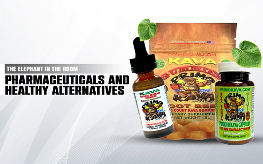 Primo Kava products with kava leaves placed on them against an empty background, with on-image text reading ‘pharmaceuticals and healthy alternatives.’