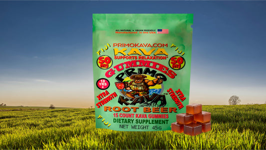 Primo Kava Gummies in a beautiful field with a blue sky background