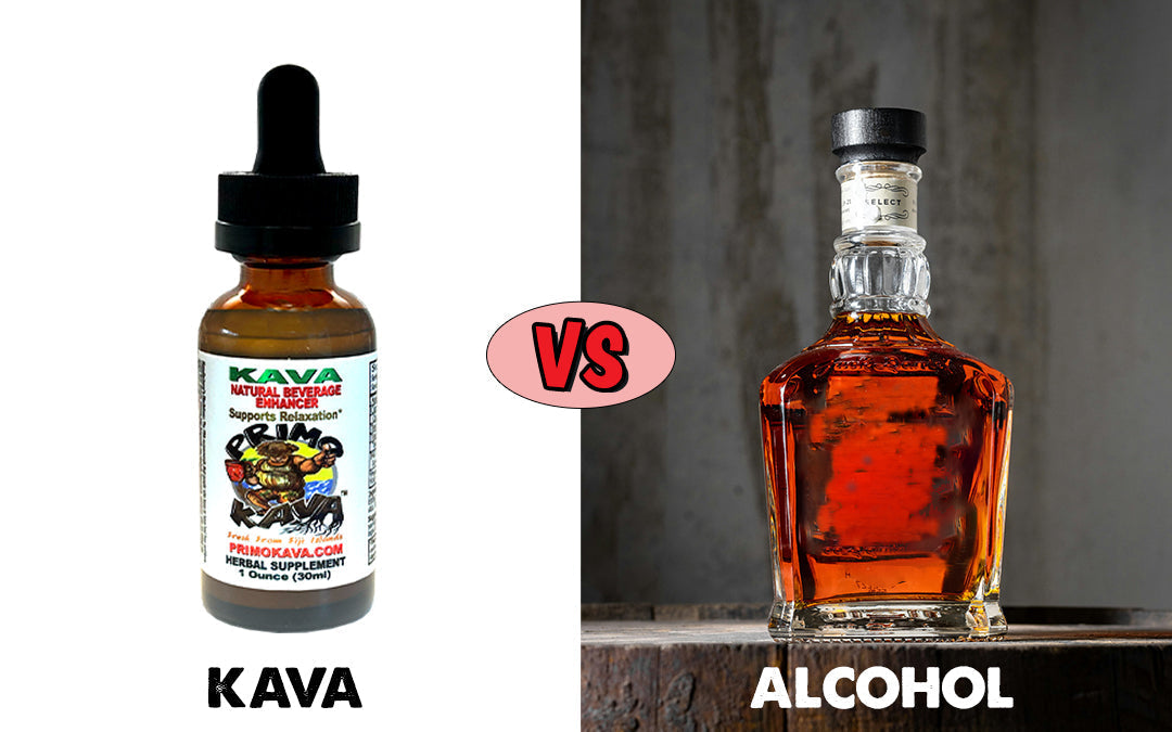 Primo Kava beverage enhancer shown next to a bottle of alcohol in a comparison image
