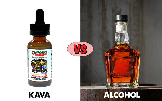 Primo Kava beverage enhancer shown next to a bottle of alcohol in a comparison image