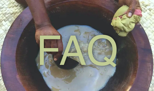 Hands preparing kava in a traditional Fijian bowl with visible ‘FAQ’ text on the image