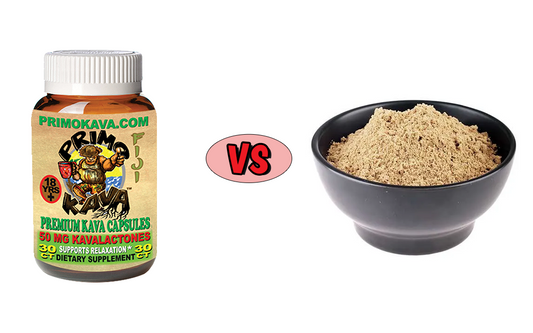 Primo Kava capsules shown next to a bowl of kava powder with a ‘vs’ comparison