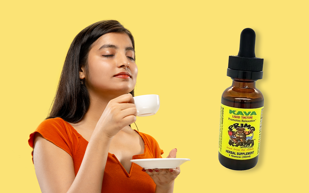Woman drinking a kava mixed drink made with Primo Kava tincture.