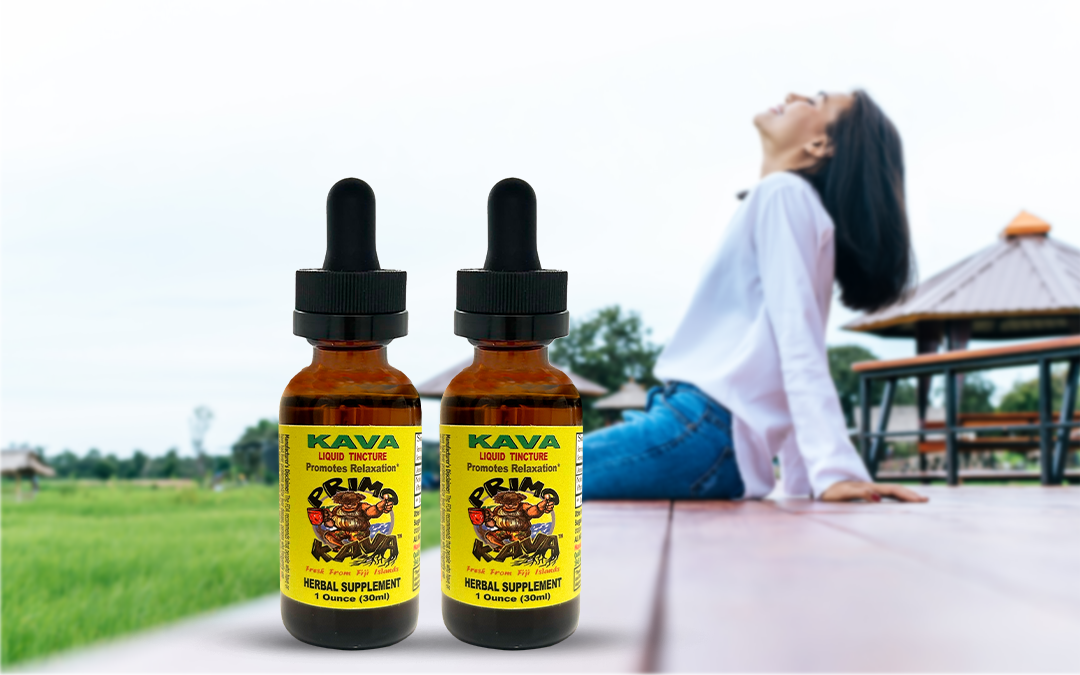 Two Primo Kava tincture bottles displayed in front of a woman relaxing on a porch