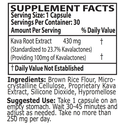 Supplement Facts Label for 100 milligrams Primo Kava Capsules