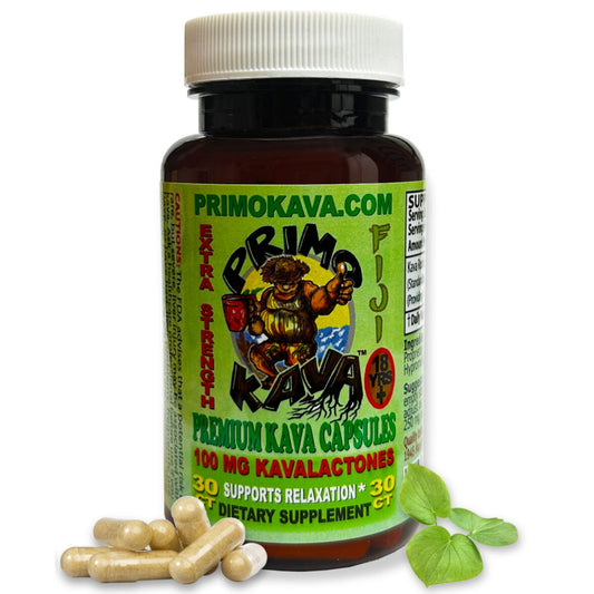 Frontside of Primo Kava's 100 Milligram Capsules Product