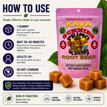 Kava Gummies | 25 mg Standardized Kavalactones per Gummy | Root Beer Flavor | Verified by COA | Wholesale