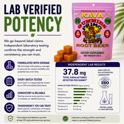Kava Gummies | 25 mg Standardized Kavalactones per Gummy | Root Beer Flavor | Verified by COA | Wholesale