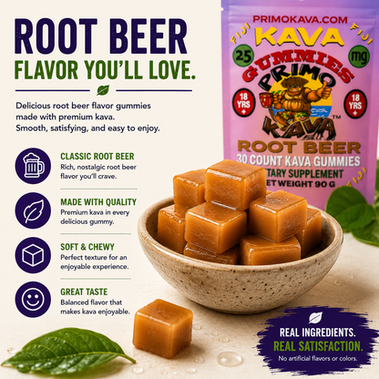 Kava Gummies | 25 mg Standardized Kavalactones per Gummy | Root Beer Flavor | Verified by COA | Wholesale