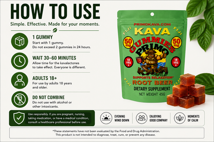 Kava Gummies | 50 mg Standardized Kavalactones per Gummy | Root Beer Flavor | Verified by COA