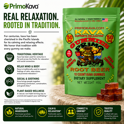 Kava Gummies | 50 mg Standardized Kavalactones per Gummy | Root Beer Flavor | Verified by COA