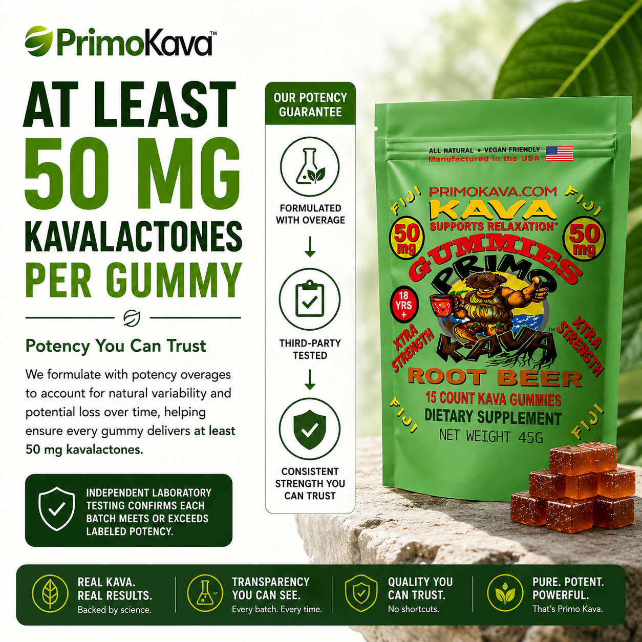 Kava Gummies | 50 mg Standardized Kavalactones per Gummy | Root Beer Flavor | Verified by COA