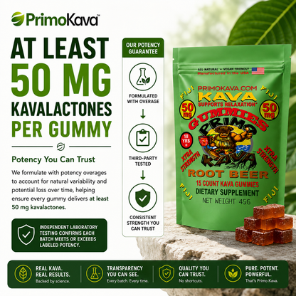 Kava Gummies | 50 mg Standardized Kavalactones per Gummy | Root Beer Flavor | Verified by COA